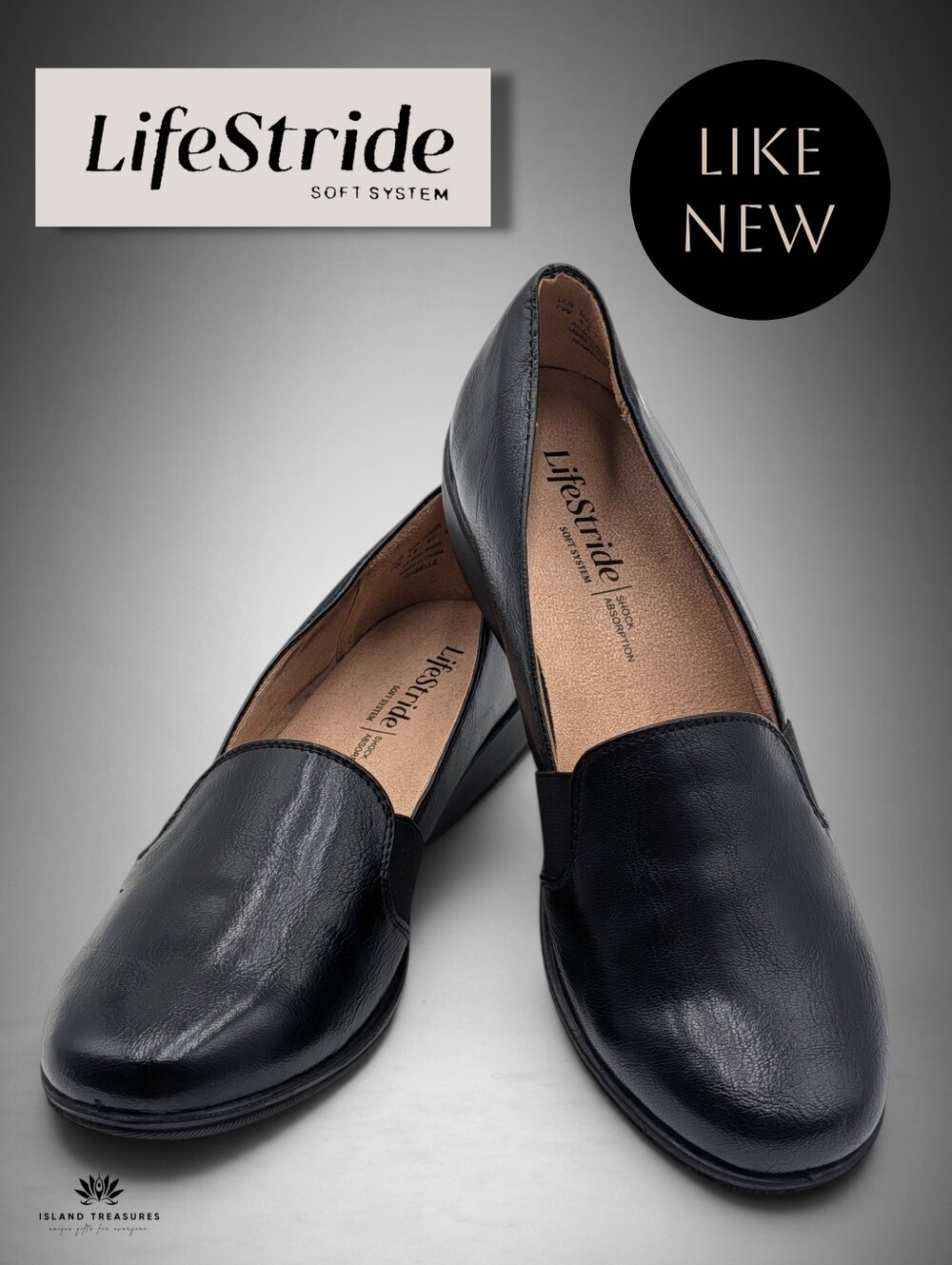 LifeStride Sz 7W Isabelle Black Slip On Wedge Loafers Round Toe Soft System Wide